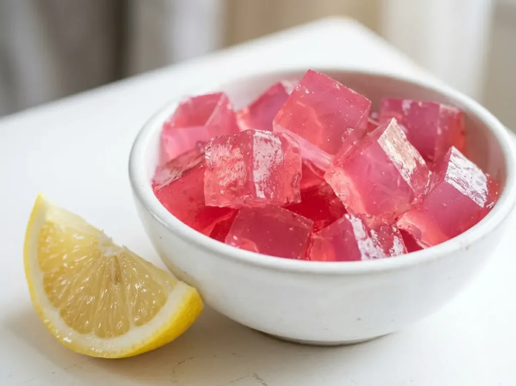 Single serving of dr gupta gelatin recipe in a small white bowl with lemon wedge