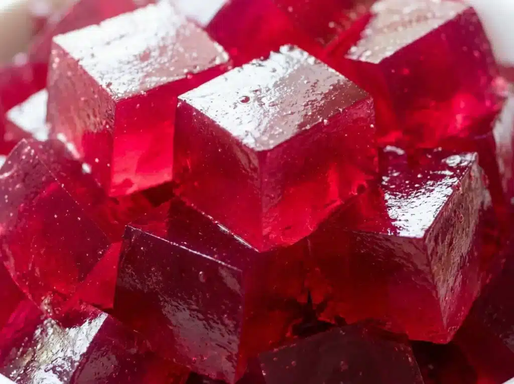 Current image: Dr Gupta gelatin recipe set into pink ruby cubes in a clean white ceramic bowl