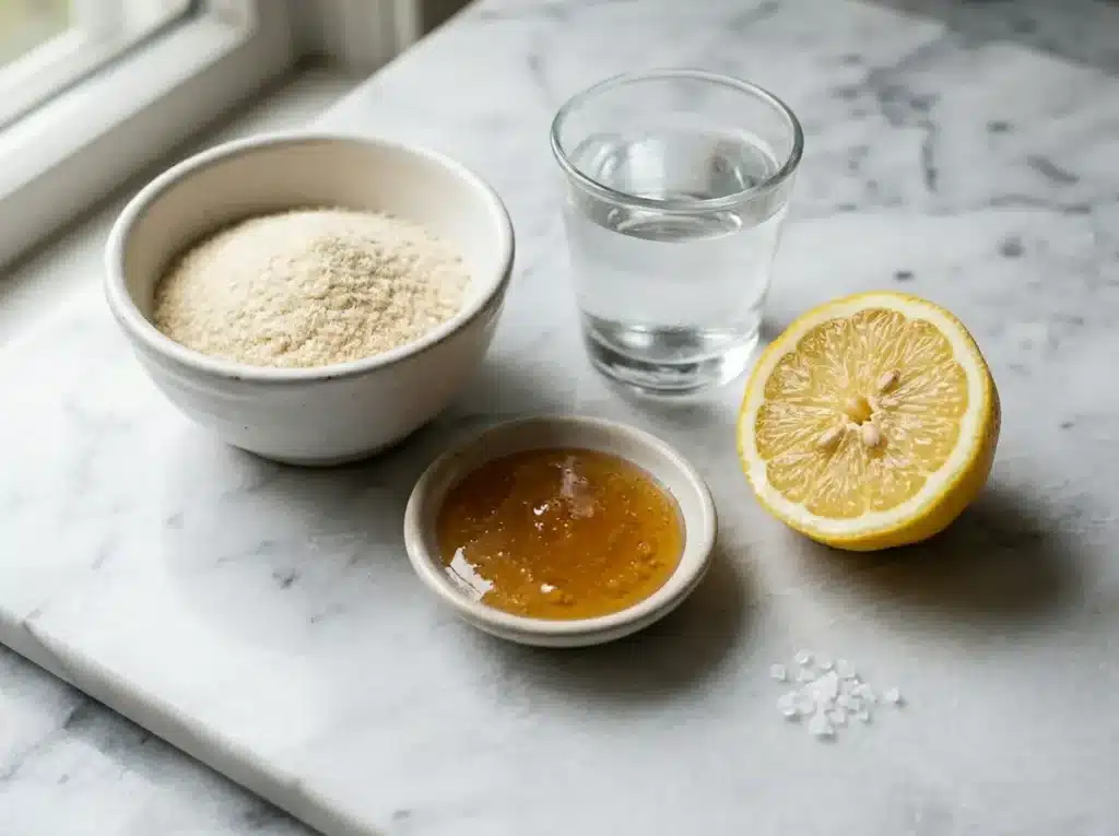 Ingredients for dr gupta gelatin recipe including unflavored gelatin powder honey and lemon