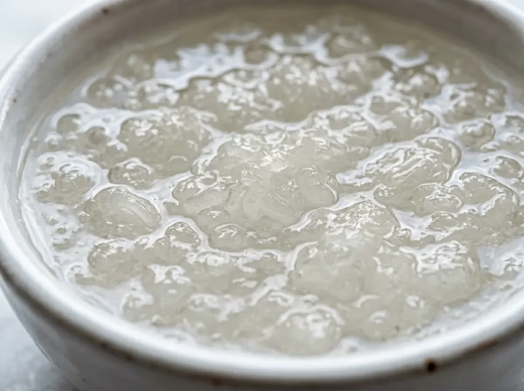 Blooming gelatin powder in cold water for dr gupta gelatin recipe in a small white bowl