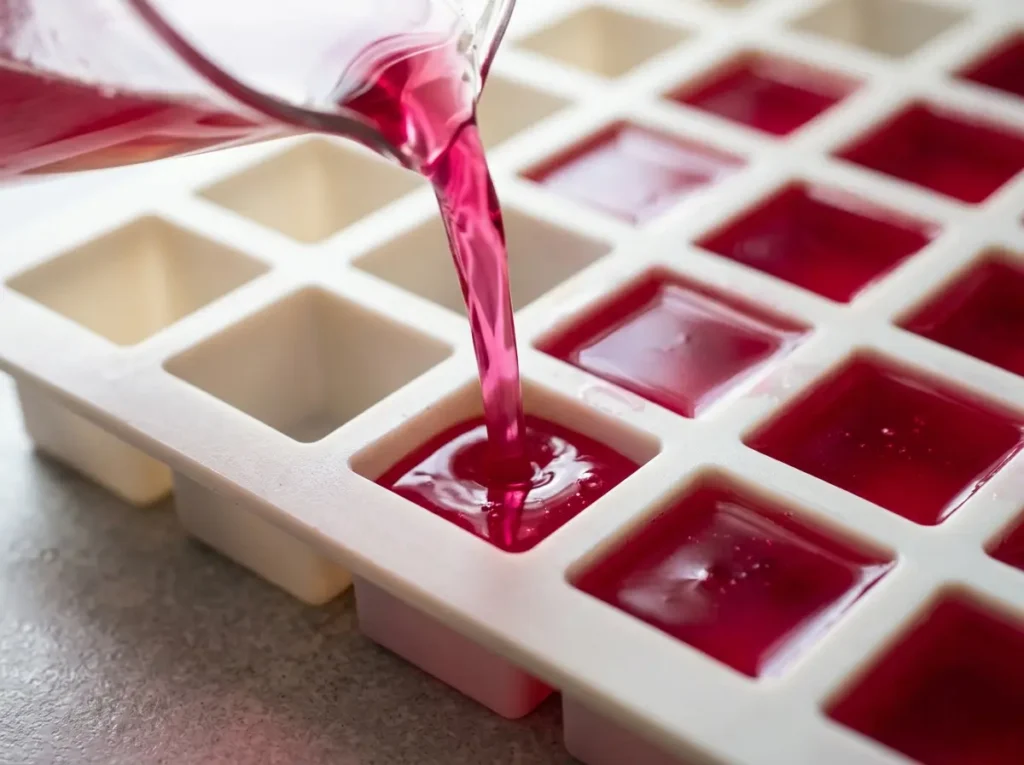 Pouring dr gupta gelatin recipe mixture into silicone molds to set in refrigerator