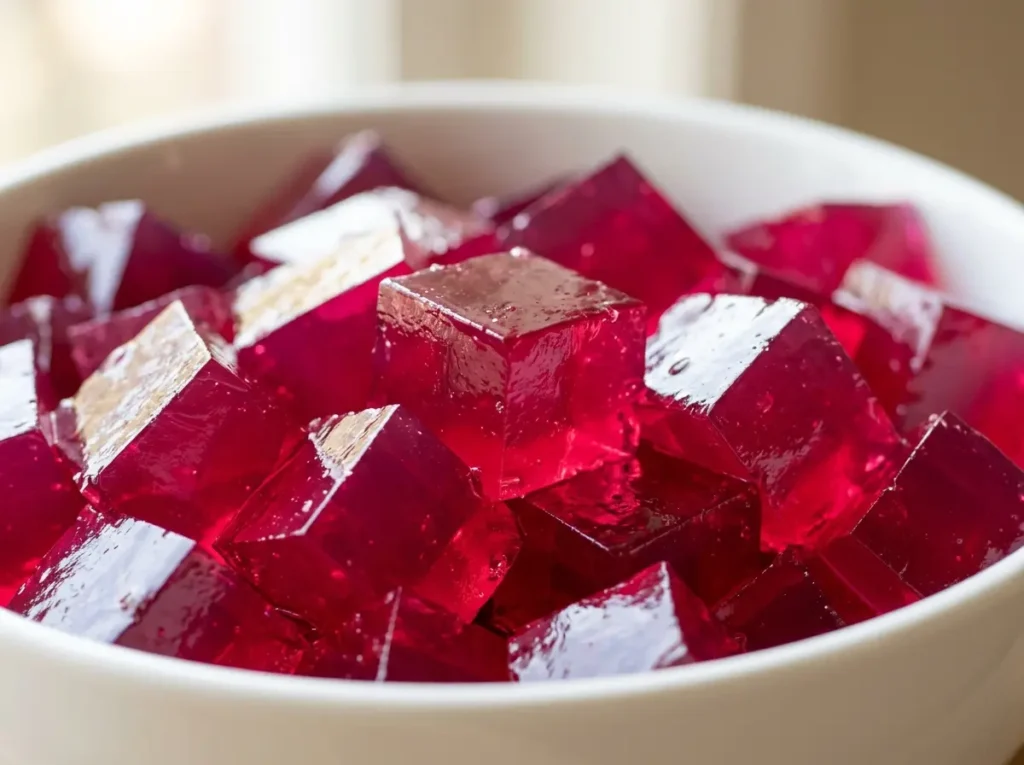 Finished dr gupta gelatin recipe cubes set and served in a white bowl ready to eat before meals