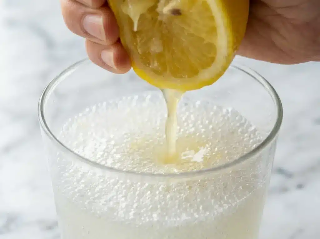 Fresh lemon being squeezed into baking soda water glass for dr oz baking soda and lemon trick