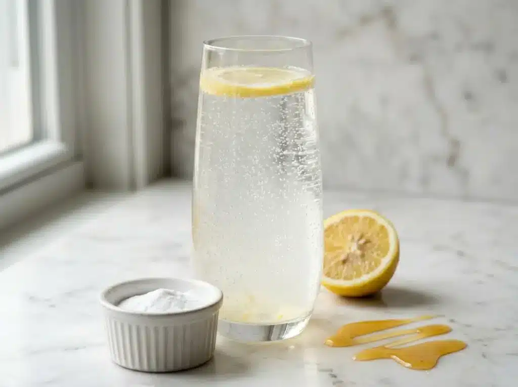Dr oz baking soda trick lemon honey morning drink in tall glass on white marble vertical portrait