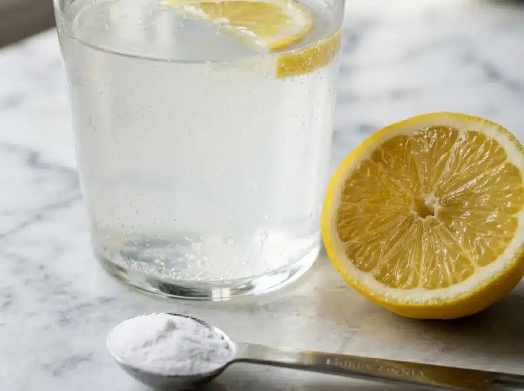 Dr oz baking soda trick morning routine glass with lemon and baking soda on white kitchen counter