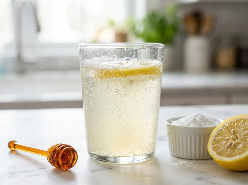 Current image: Dr oz baking soda trick glass of water with baking soda and lemon on white marble surface