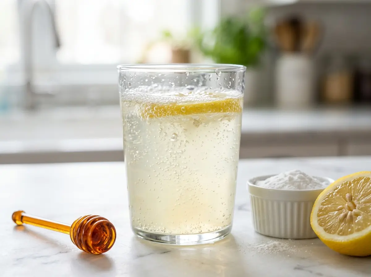 Dr oz baking soda trick glass of water with baking soda and lemon on white marble surface
