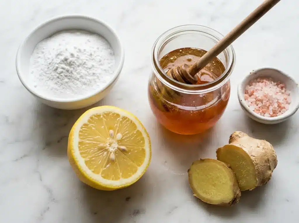 Dr oz baking soda trick ingredients baking soda lemon honey pink salt on white marble