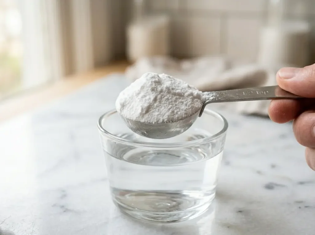 Half teaspoon of baking soda measured in small spoon for dr oz baking soda trick