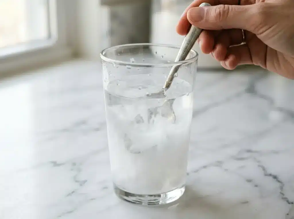 Baking soda dissolving in clear glass of water stirred with small spoon for dr oz baking soda trick