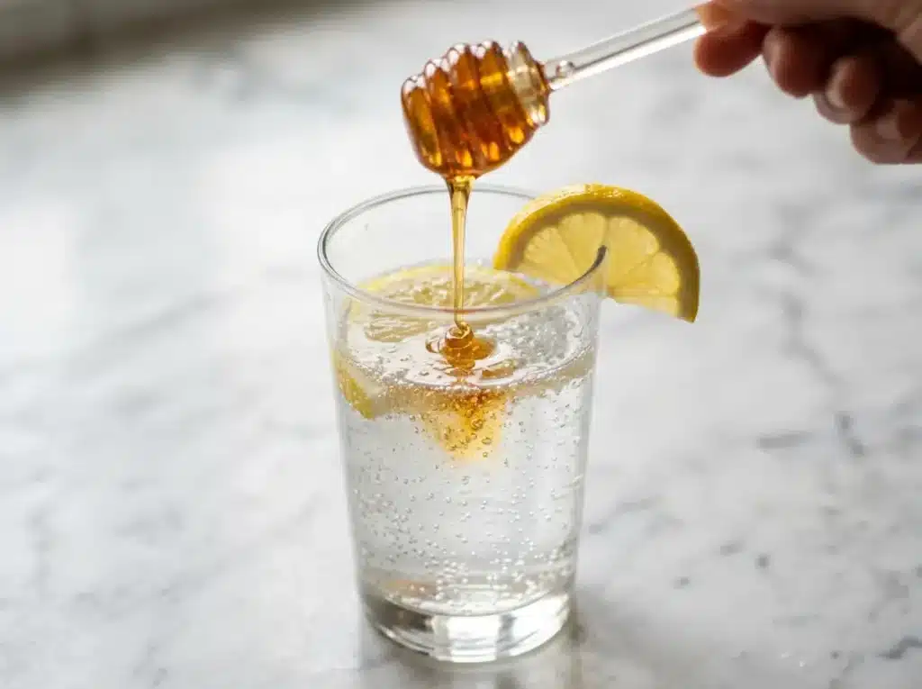 Raw amber honey drizzling into baking soda lemon water glass for dr oz baking soda trick variation