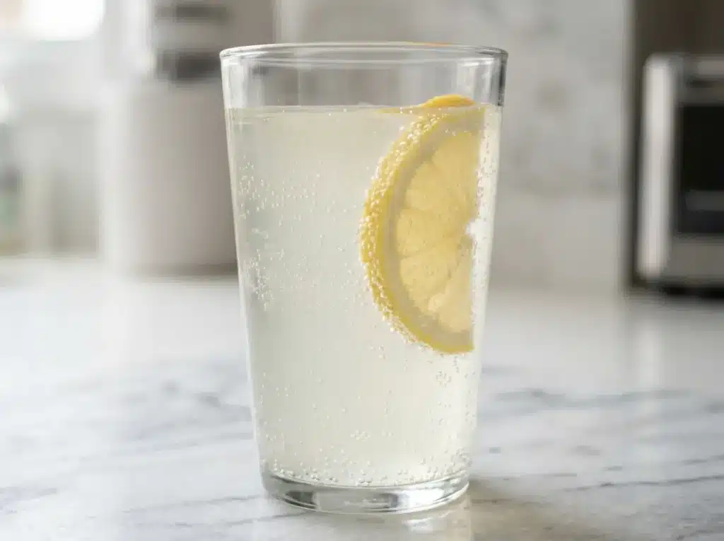 Finished dr oz baking soda trick lemon drink in clear glass with lemon slice garnish ready to sip
