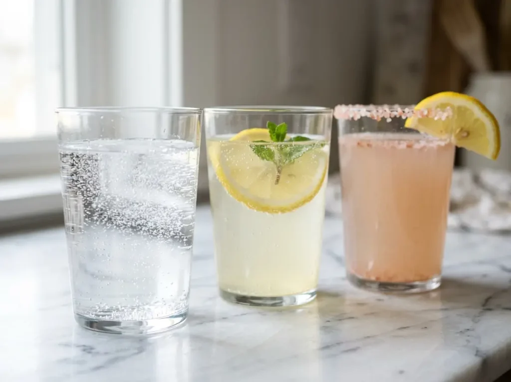 Three baking soda wellness drink variations in clear glasses with lemon honey and pink salt on marble