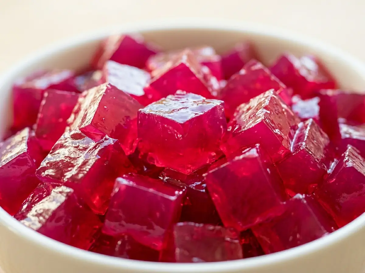 Dr William Li gelatin recipe set in a white bowl with pink pomegranate gelatin cubes
