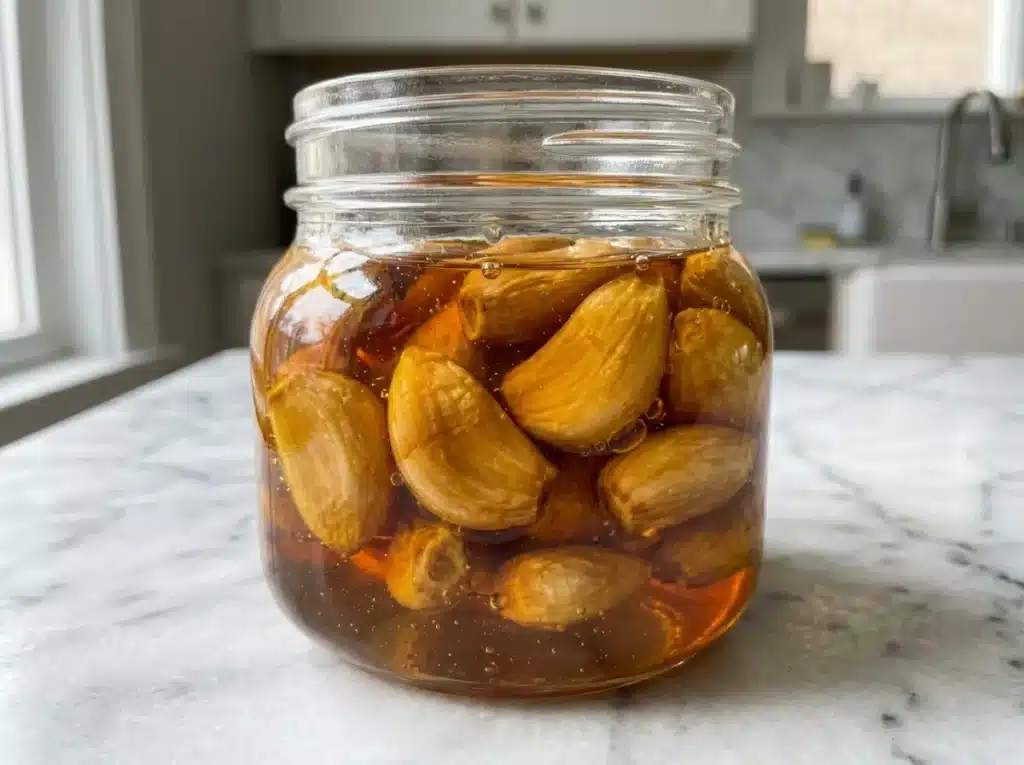 One softened garlic clove and honey on a spoon for daily dr william li honey recipe serving