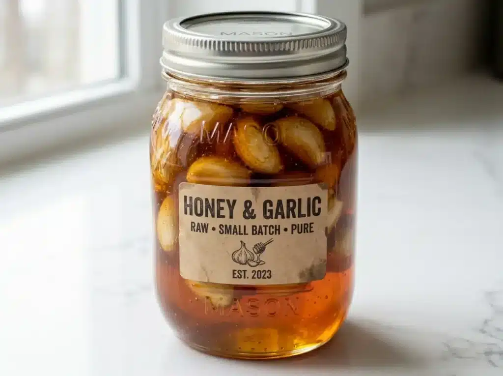 Sealed glass jar of dr william li honey recipe with garlic in honey sitting on white surface