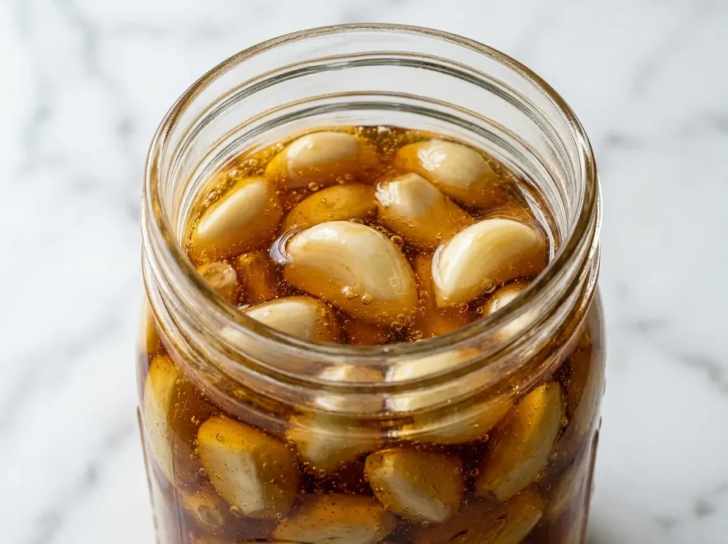 Current image: Dr William Li honey recipe fermented garlic cloves submerged in golden raw honey in a glass jar