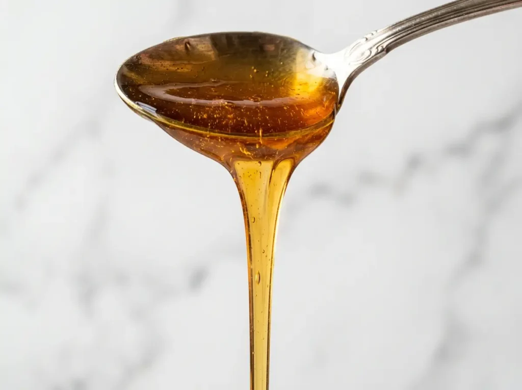 Golden infused honey drizzling from a spoon showing texture of dr william li honey recipe