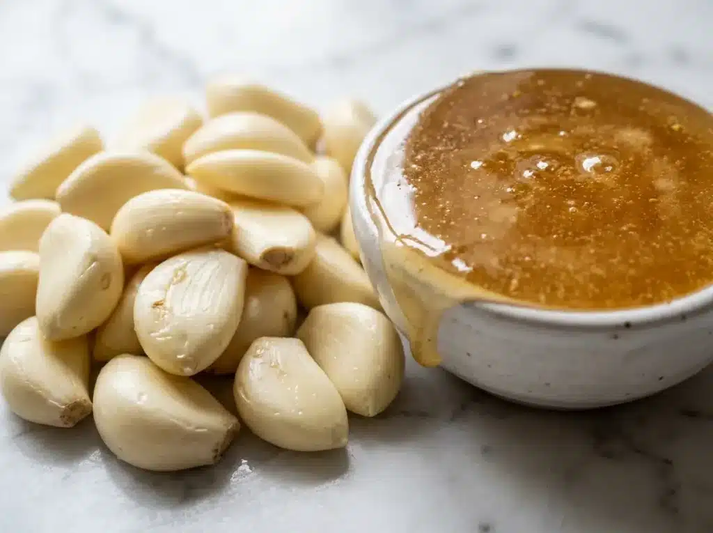 Fresh garlic cloves and raw unfiltered honey for dr william li honey recipe on white surface