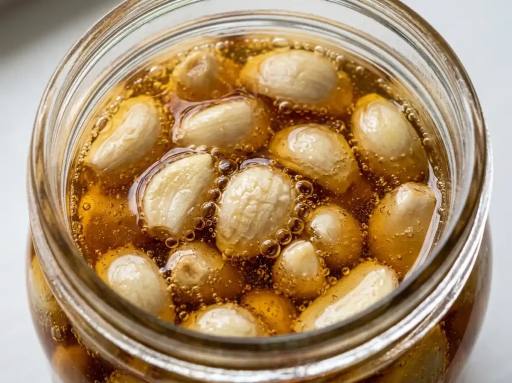 Finished dr william li honey recipe jar at day 14 with golden honey and soft garlic cloves