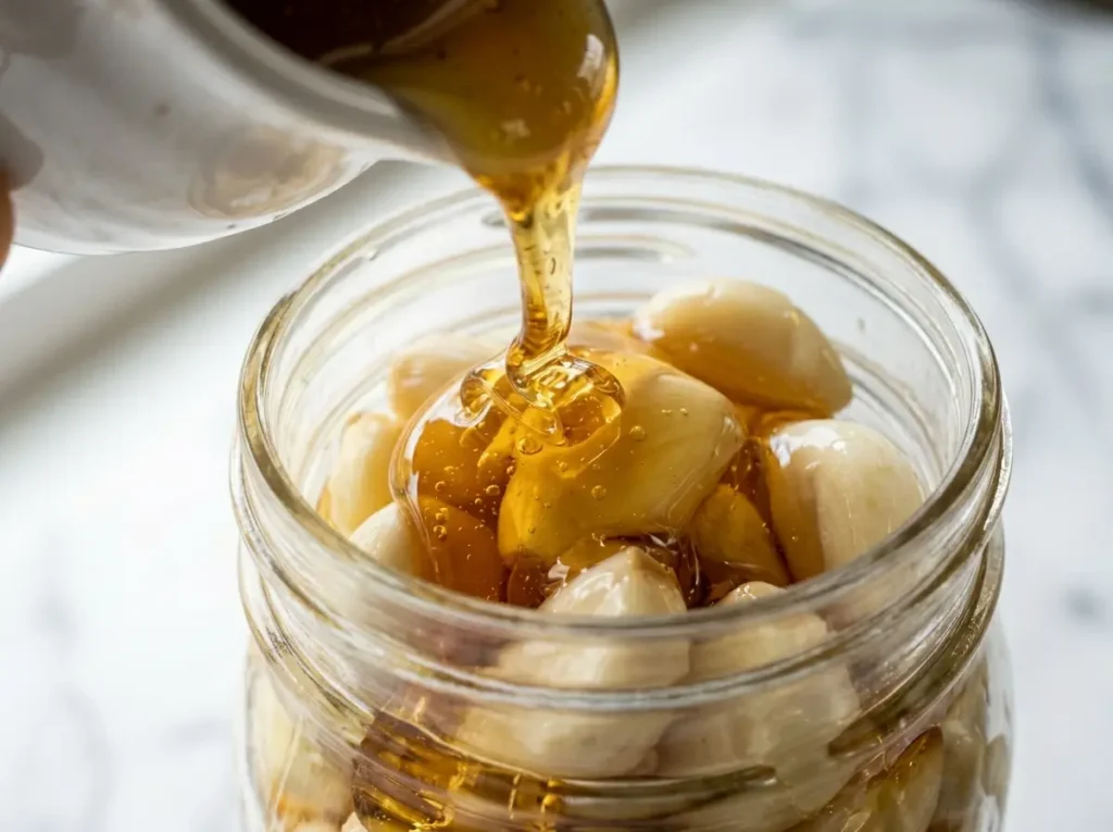 	Raw honey being poured over garlic cloves in glass jar for dr william li honey recipe