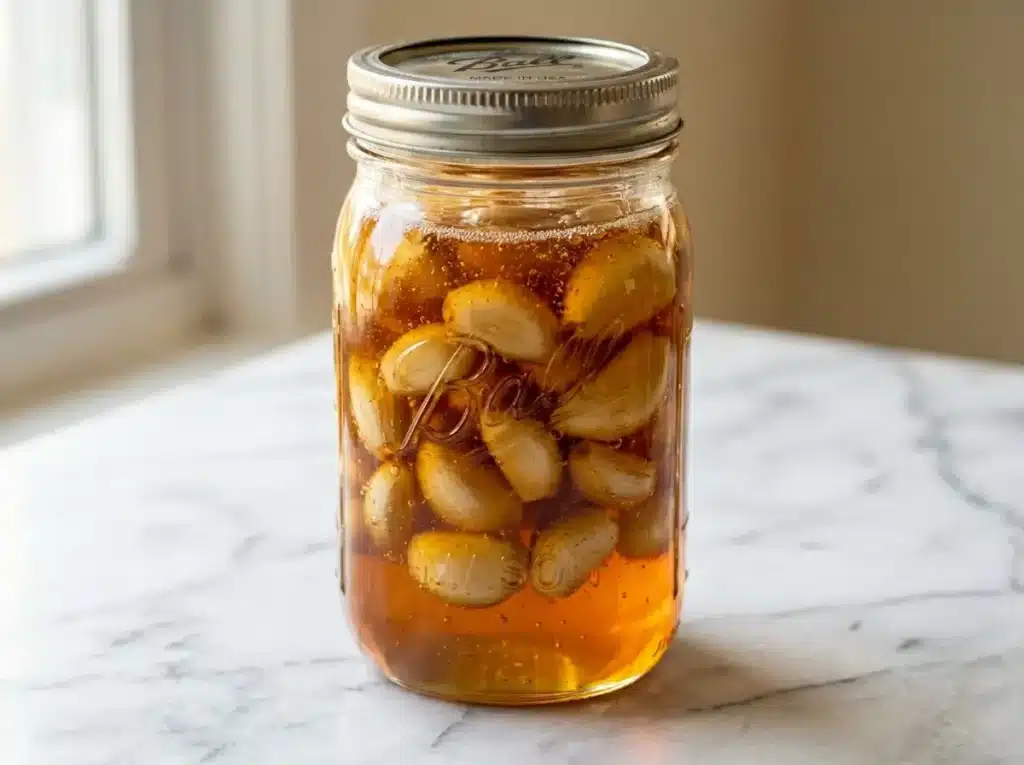 Dr William Li honey recipe fermented garlic in golden honey glass jar vertical portrait shot