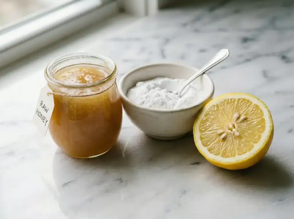 All ingredients for honey and baking soda trick including honey jar, baking soda, and lemon