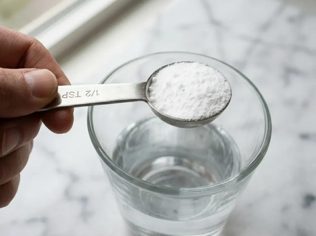 A quarter teaspoon of baking soda measured for honey and baking soda trick recipe