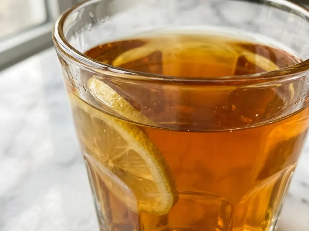 Finished honey and baking soda trick drink golden and clear in a glass ready to drink