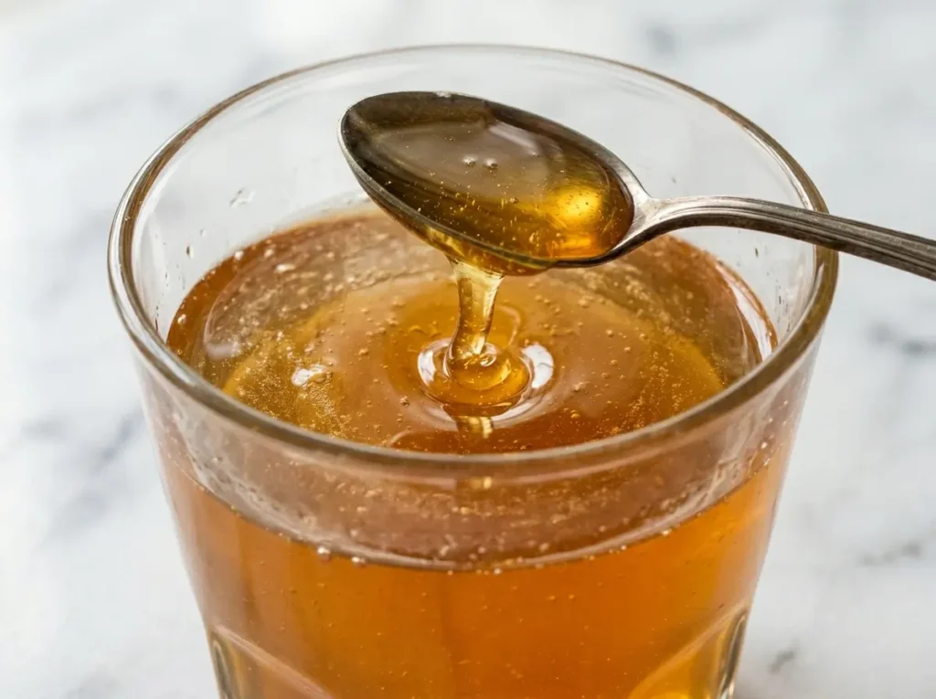 Current image: Honey and baking soda trick drink in a clear glass with golden honey drizzle