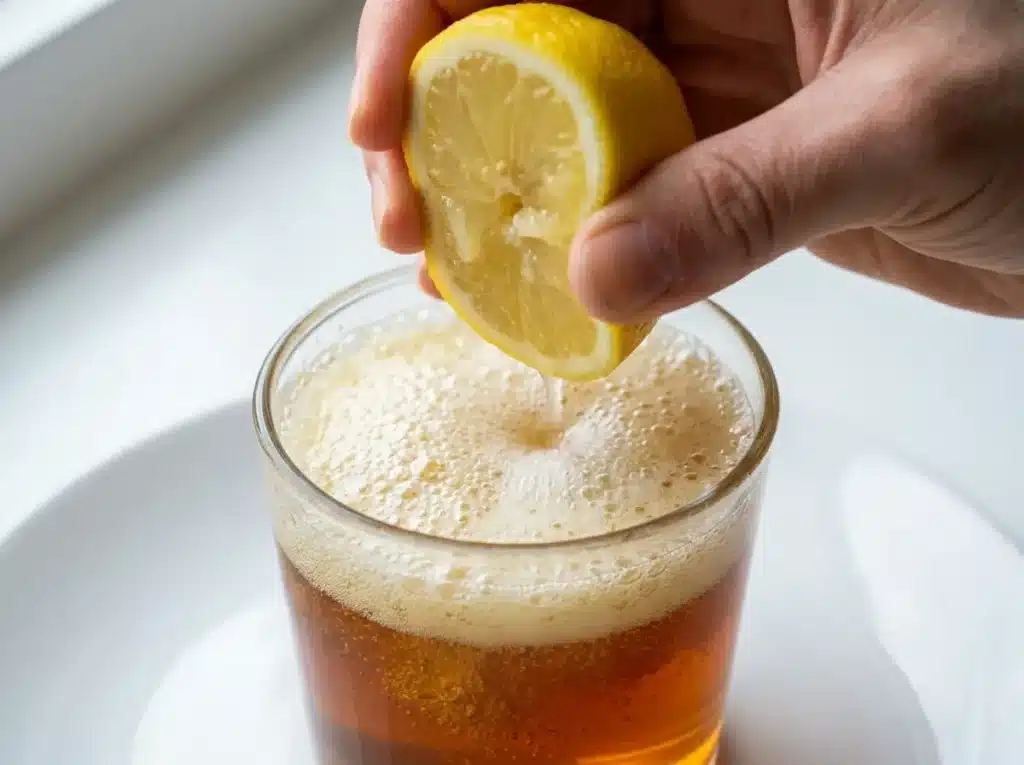 Fresh lemon being squeezed into honey and baking soda trick drink creating a fizz