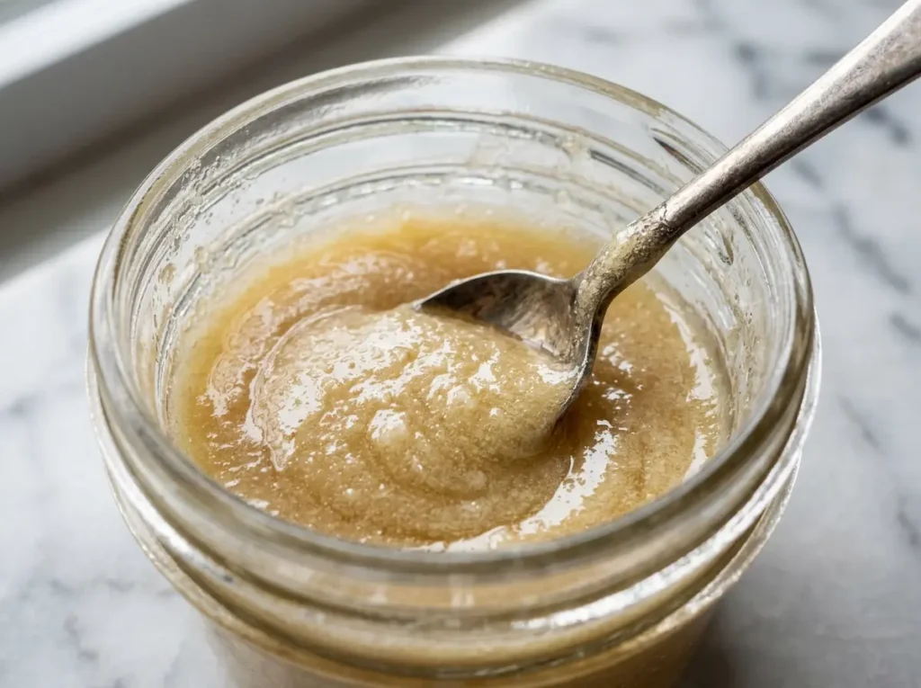 Honey and baking soda being mixed into a pale paste in a clear glass