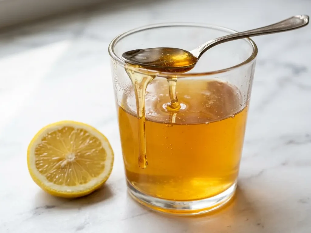 Honey and baking soda trick morning drink golden in a clear glass on white surface