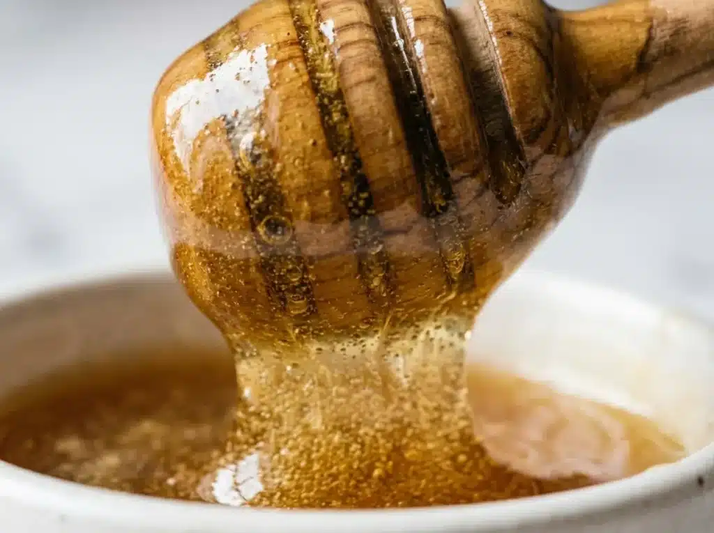Raw unfiltered honey being spooned for honey and baking soda trick recipe