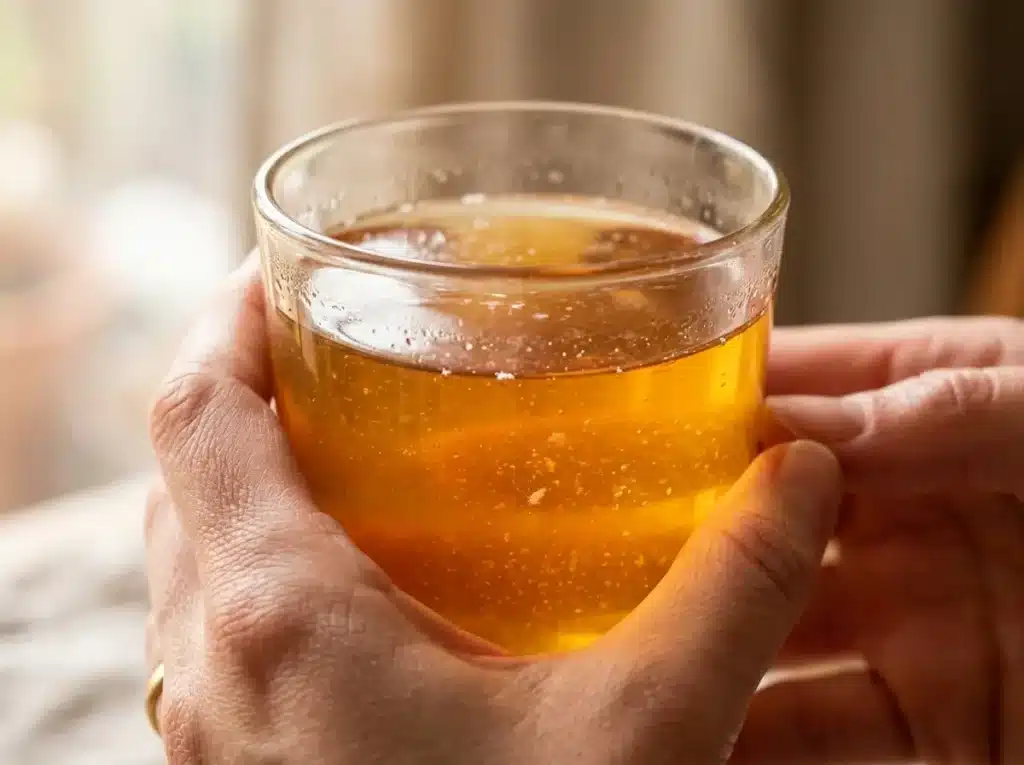 A glass of honey and baking soda trick drink held close up showing golden color
