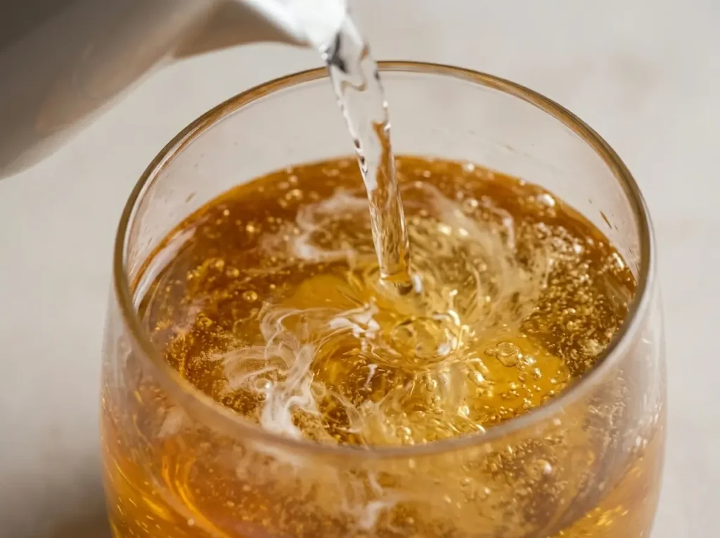 Warm water being poured into honey and baking soda trick glass turning it golden