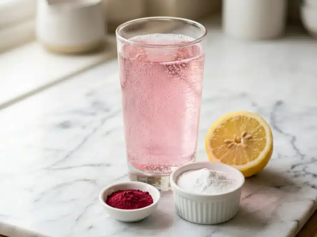 Current image: What is the baking soda trick clear glass of baking soda lemon water with beetroot powder on white marble