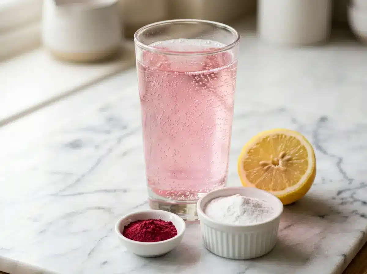 What is the baking soda trick clear glass of baking soda lemon water with beetroot powder on white marble