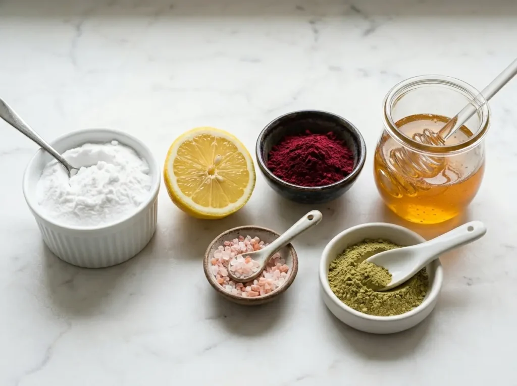 What is the baking soda trick ingredients baking soda lemon beetroot powder pink salt honey on white marble