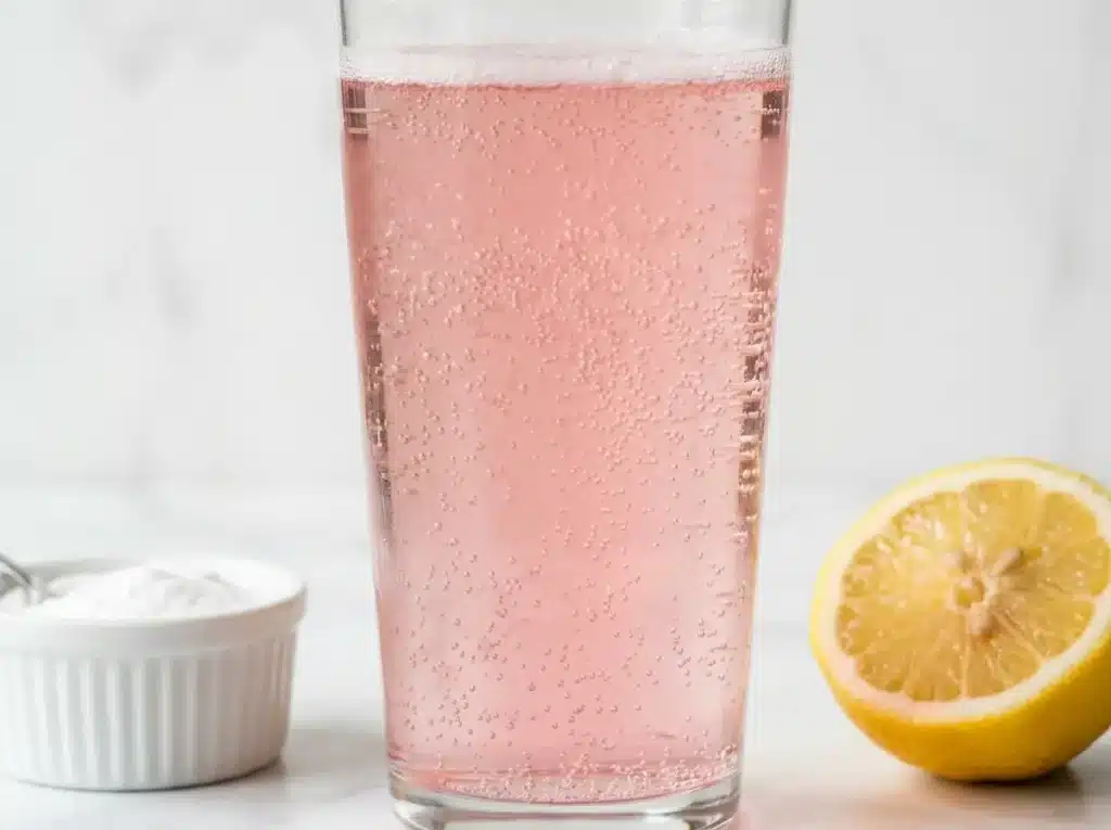 What is the baking soda trick full recipe for men tall glass pink beetroot lemon on white marble vertical portrait