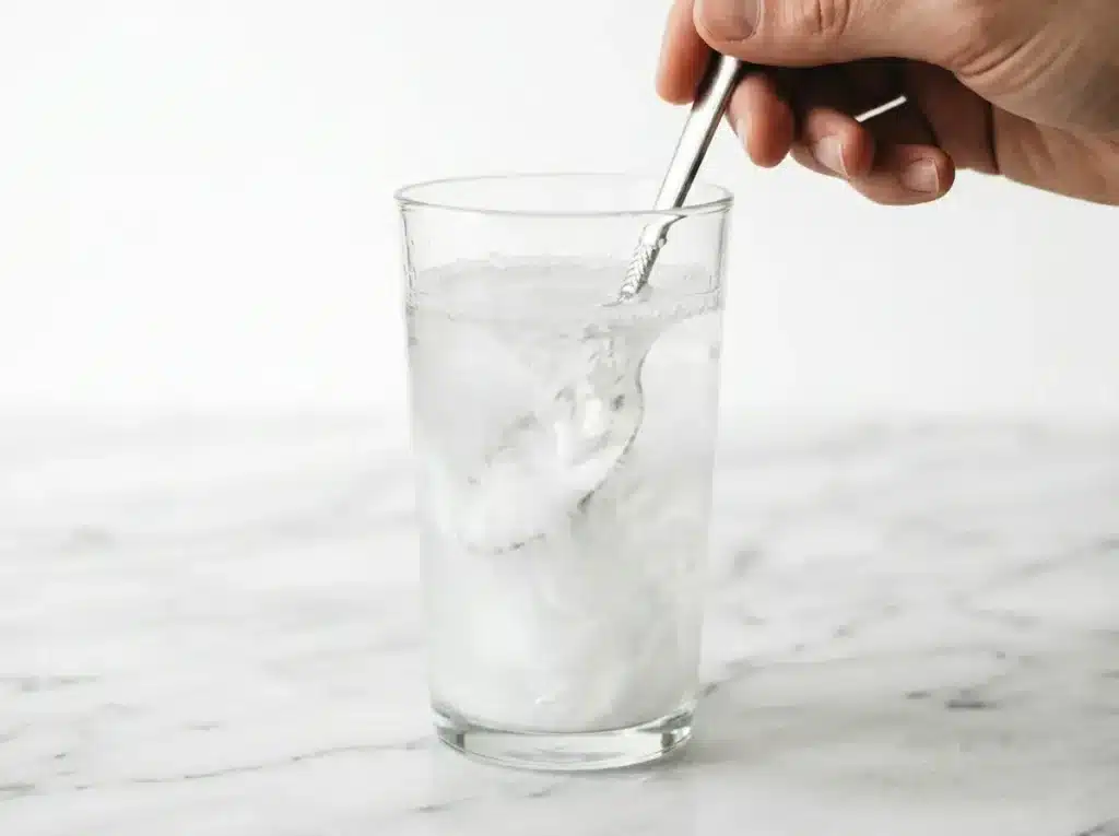 Baking soda dissolving completely in clear glass of filtered water stirred with silver spoon for baking soda trick recipe