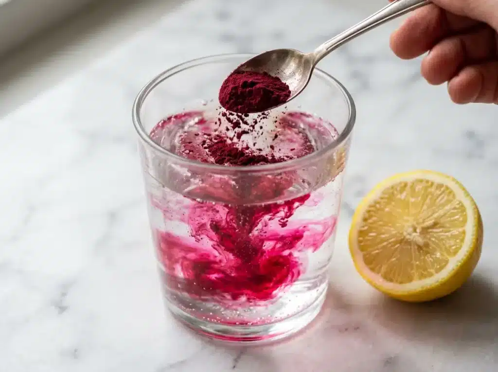 Beetroot powder and fresh lemon juice being added to baking soda water for baking soda trick for men recipe