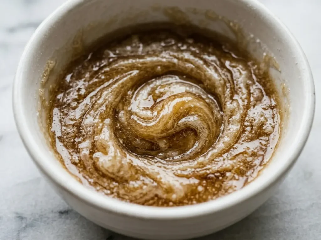 Smooth white baking soda paste mixed in small white bowl with honey for baking soda trick in the shower