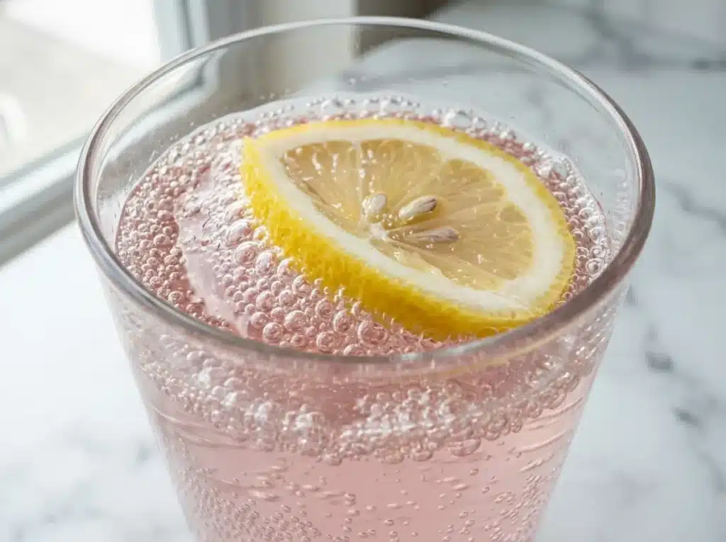 Finished what is the baking soda trick drink in tall clear glass with lemon slice and fine bubbles on white marble