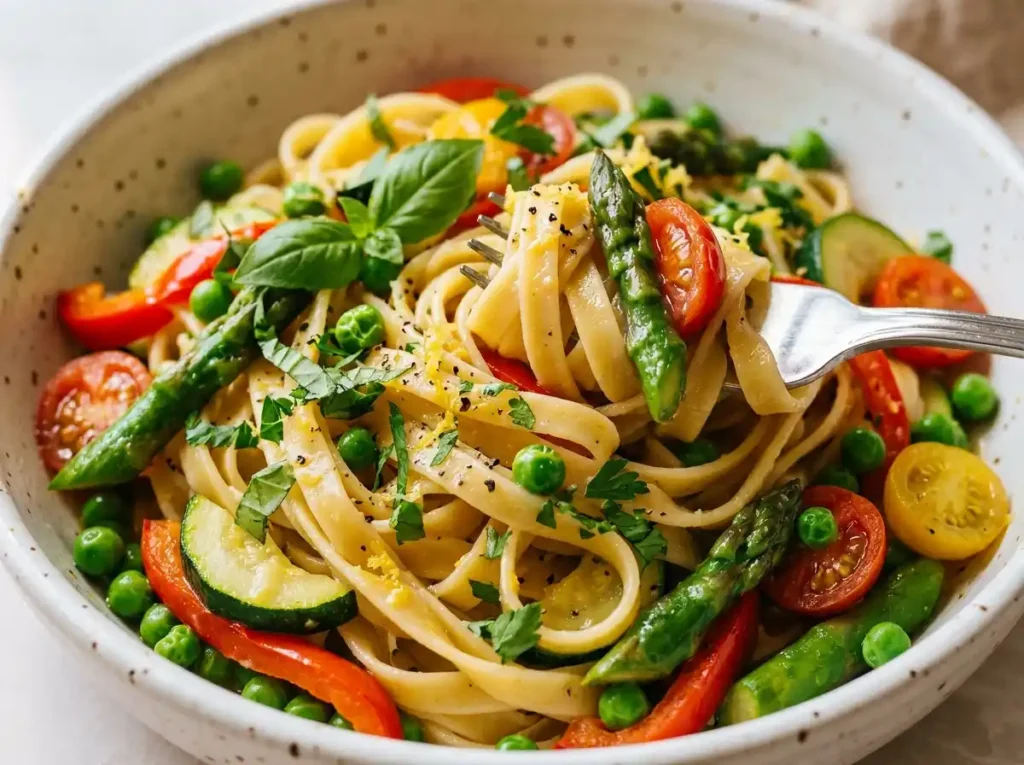 7 Best Vegan Pasta Primavera Recipe Tips for a Perfect Plate 22 Final close up vegan pasta primavera recipe with fresh herbs lemon and colorful vegetables