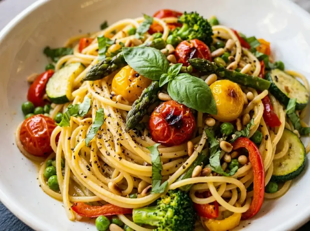 7 Best Vegan Pasta Primavera Recipe Tips for a Perfect Plate 20 Finished vegan pasta primavera recipe bowl close up with basil and lemon