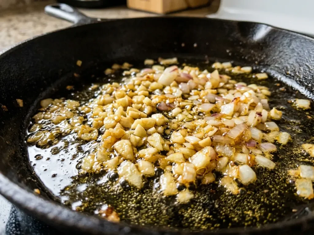 7 Best Vegan Pasta Primavera Recipe Tips for a Perfect Plate 16 Minced garlic added to pan close up for vegan pasta primavera recipe