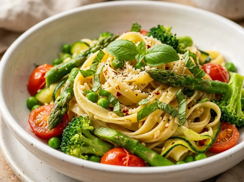 7 Best Vegan Pasta Primavera Recipe Tips for a Perfect Plate 12 Close up vegan pasta primavera recipe with colorful vegetables lemon garlic sauce and fresh basil