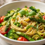 vegan pasta primavera recipe with colorful vegetables lemon garlic sauce and fresh basil