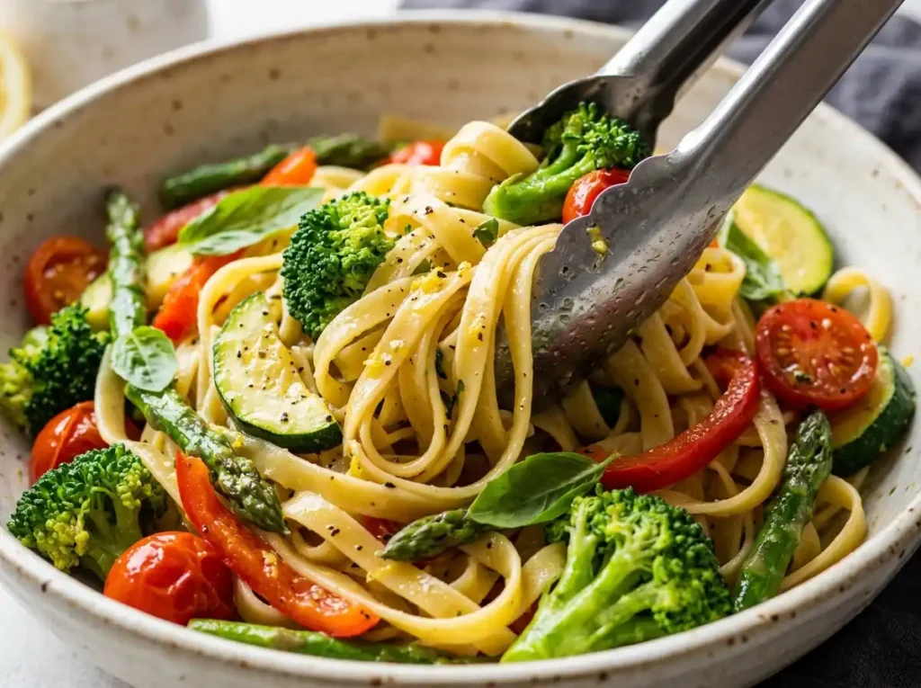 7 Best Vegan Pasta Primavera Recipe Tips for a Perfect Plate 19 Pasta being tossed with vegetables and sauce close up for vegan pasta primavera recipe